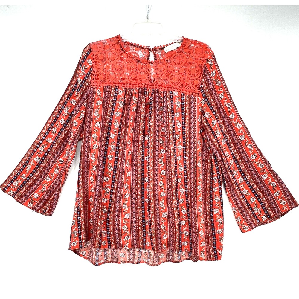 Weekend Suzanne Betro Top Blouse Size XL Lace Neckline Bell Long Sleeve‎ Loose
